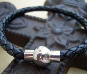 Black Braided Leather Bracelet with Stainless Steel Magnetic Clasp - MB09 Urban Survival Gear USA