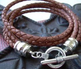 Mens, Braided Leather Bracelet, Rhodium Plate Caps, Double Wrap ,Saddle Colored