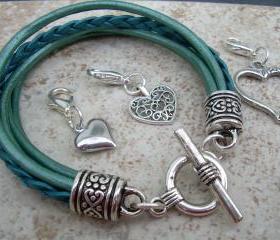 Leather Bracelet With Three Lobster Clasp Heart Charms in Metallic Teal, Womens Jewelry, Womens Gift, Womens Bracelet