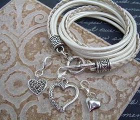 Womens Leather Bracelet, Five Strand, Double Wrap, Metallic Pearl with Three heart Charms