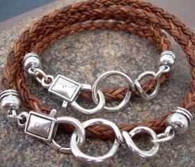 His and Hers Set of Infinity Bracelets, Leather Bracelet, Mens, Womens, Natural Light Brown Braided
