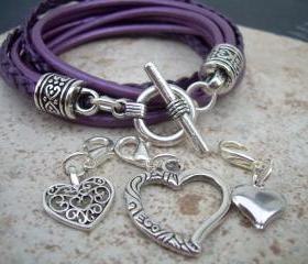 Womens Leather Bracelet, Five Strand, Double Wrap, Metallic Berry / Purple with Three heart Charms
