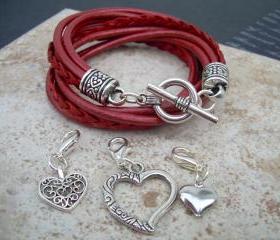 Womens Leather Bracelet, Five Strand, Double Wrap, Metallic Red with Three heart Charms