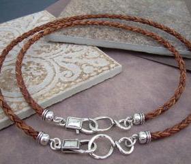 His and Hers Set of Infinity Necklaces, Leather Necklace, Mens, Womens, Natural Light Brown Braided