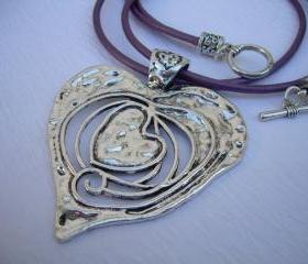 Leather Necklace, Heart Pendant, Valentine's Day , Purple