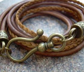 Unisex, Mens, Womens, Leather Bracelet, Antique Bronze Hook Clasp, Light Antique Brown/ Natural
