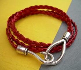 Womens Leather Bracelet, Triple Wrap, Metallic Red, Flat Braided, Hook Closure Clasp TSB20 Urban Survival Gear USA
