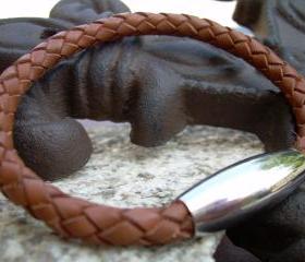 Mens Leather Bracelet with Stainless Steel Magnetic Clasp Braided Saddle Color - MB10 Urban Survival Gear USA