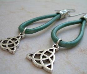 Earrings, Leather Earrings, Metallic Teal, Celtic, Triad