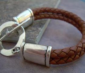 Womens, Leather Bracelet, Large Toggle, Double Strand, Saddle Brown, Braided
