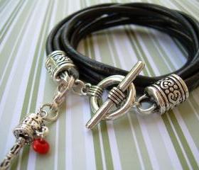 Womens Leather Bracelet Four Strand Double Wrap Black - Urban Survival Gear