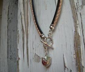 Mens Leather Necklace - Double Strand Silver / Black - Natural Braid With Free Lobster Clasp Pendant