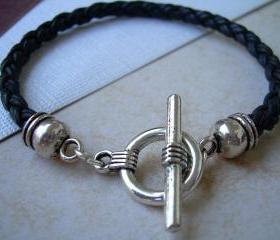 Mens Leather Bracelet Toggle Clasp Natural Black Braid - TSB06 Urban Survival Gear USA