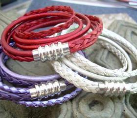 Womens Leather Bracelet, Stainless Steel Magnetic Clasp, Double Wrap Bracelet, Triple Strand Bracelet, Mothers Day Gift