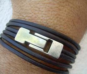 Leather Bracelet, Unisex, Men , Women, Double Strand Triple Wrap, Dark Antique Brown, Industrial Magnetic Clasp