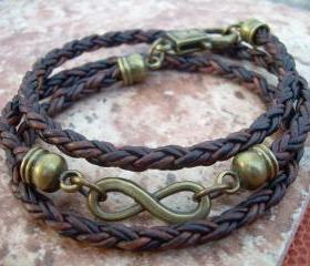 Infinity Bracelet, Leather Bracelet, Triple Wrap, Mens, Womens, Natural Antique Brown/Bronze Braided