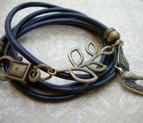 Womens Black Leather Bracelet, Antique Bronze,Triple Wrap