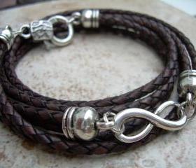 Leather Bracelet, Infinity Bracelet, Triple Wrap, Antique Brown Braided, Mens Bracelet, Womens Bracelet, Mens Jewelry, Womens Jewelry