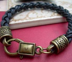 Braided Leather Bracelet, Mens Bracelet, Womens Bracelet, Natural Black Braid, Antique Bronze, Leather Bracelet