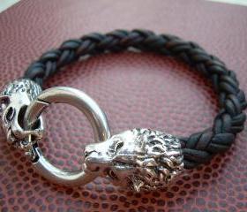 Mens Braided Leather Bracelet, Natural Antique Brown, With Lions Head Toggle Clasp, Mens Gift, Mens jewelry, Mens Bracelet