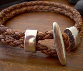 Natural Light Brown Braided Mens, Womens, Leather Bracelet with Stainless Steel Toggle Clasp - RPB12 Urban Survival Gear USA