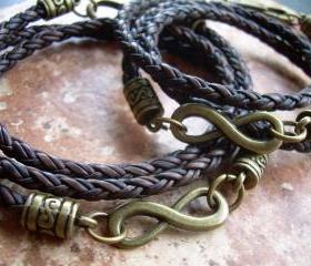 His and Hers Set of Infinity Bracelets, Leather Bracelet, Mens, Womens, Triple Wrap, Antique Bronze, Natural Antique Brown Braided
