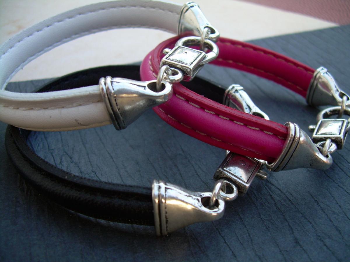 Womens Leather Bracelet, Stitched Leather Strap, Lobster Clasp, Womens