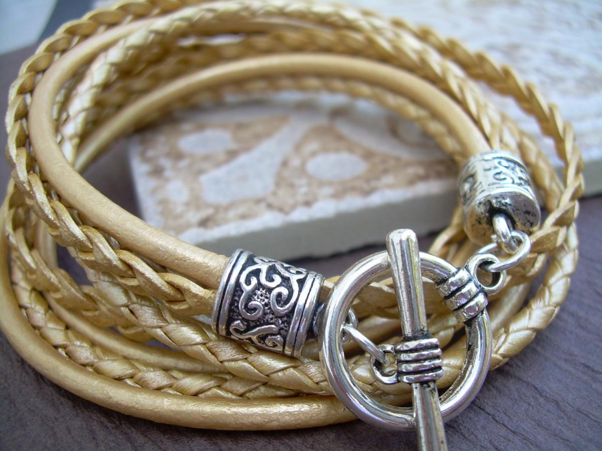 Womens Leather Bracelet , Metallic Gold, Triple Wrap, Triple Strands