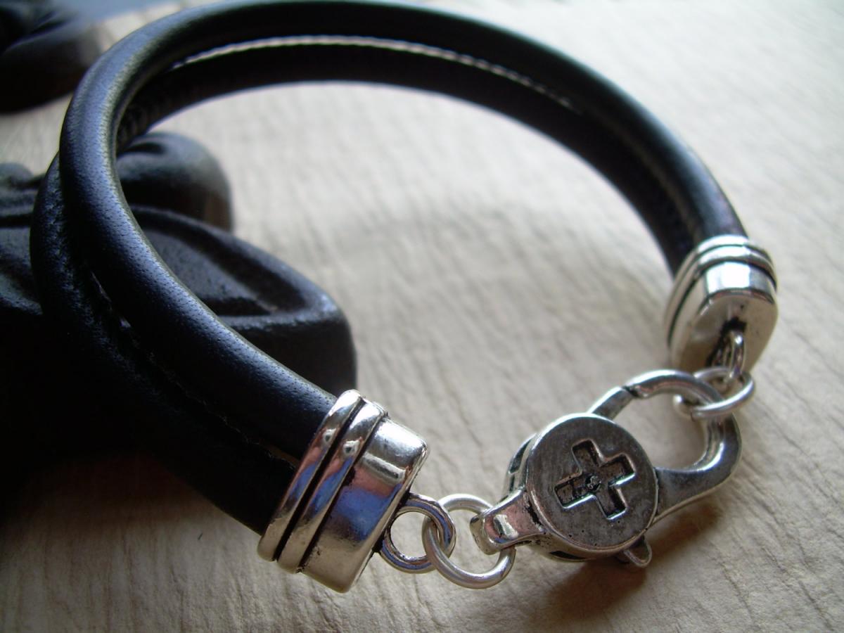 Leather Bracelet , Black Stitched Nappa Leather Cord Bracelet, Lobster