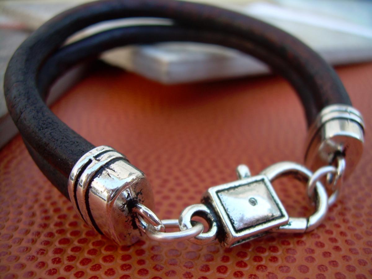 Mens Leather Bracelet , Antique Brown Leather Cord, Lobster Clasp