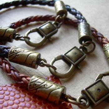 Unisex Mens Womens Leather Bracelet Triple Wrap - Black Antique Bronze