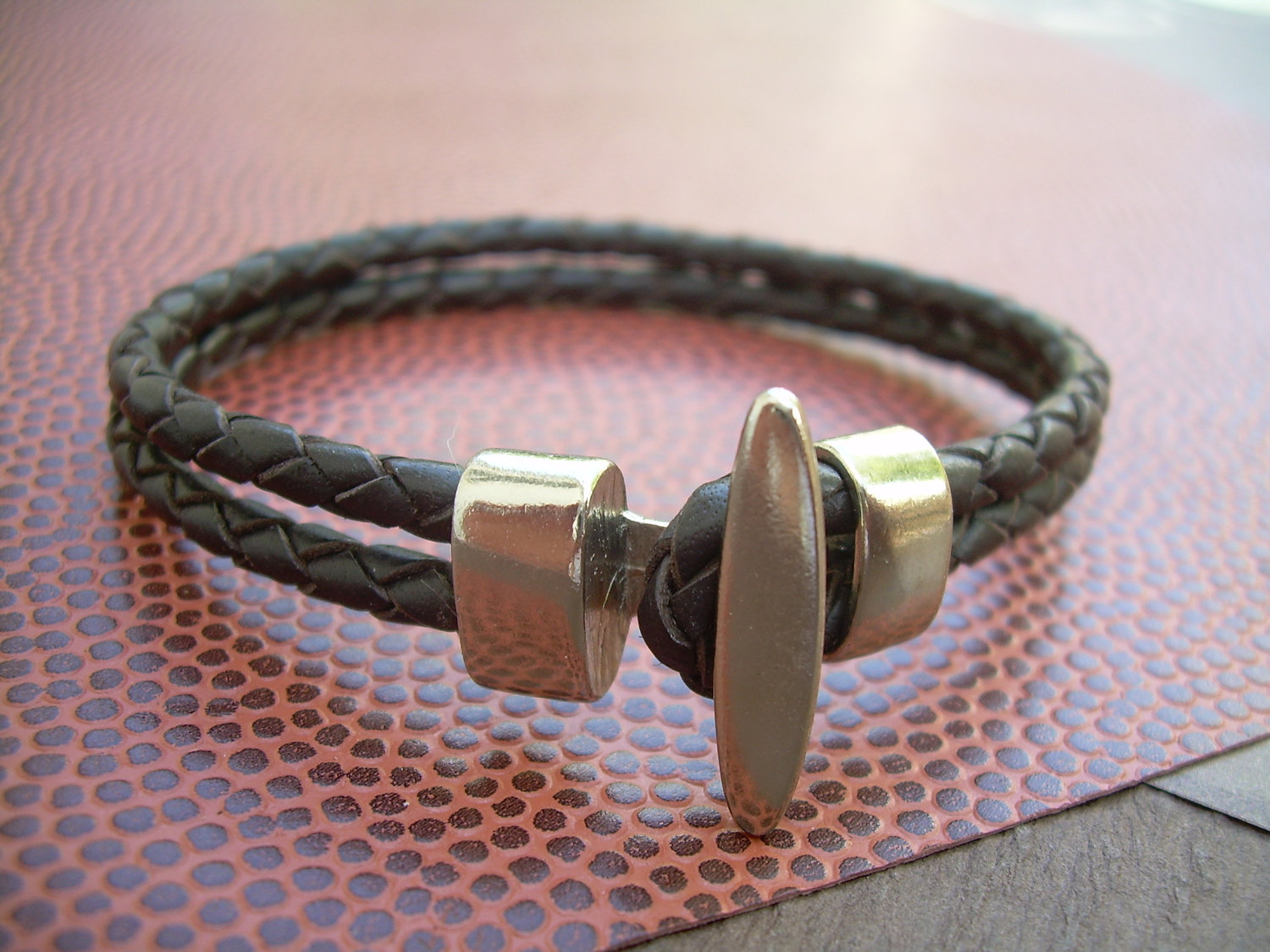 Mens Brown Braided Leather Bracelet With Stainless Steel Toggle Clasp
