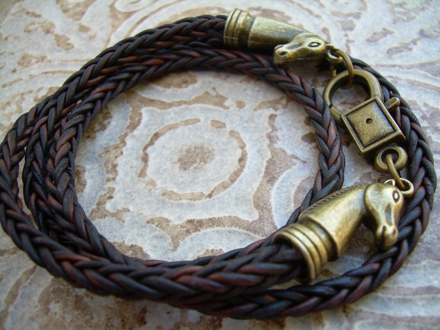 Leather Bracelet, Horse Bracelet, Equine, Equestrian, Triple Wrap, Antique Brown Braided, Mens